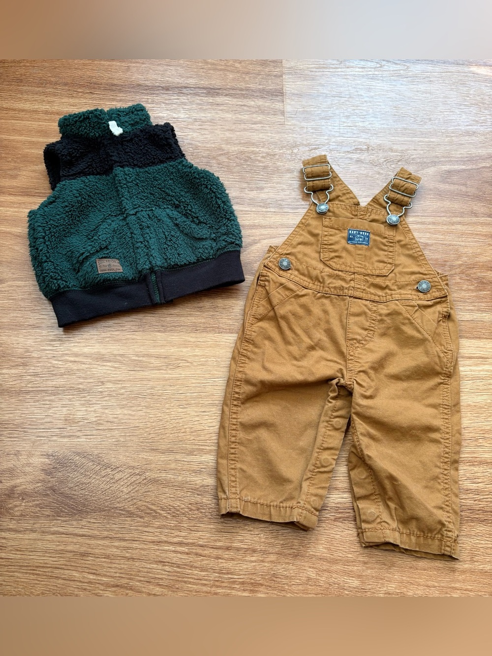 Carter's Tan/Brown Kids Corduroy Overalls & Green Zip Vest Bundle